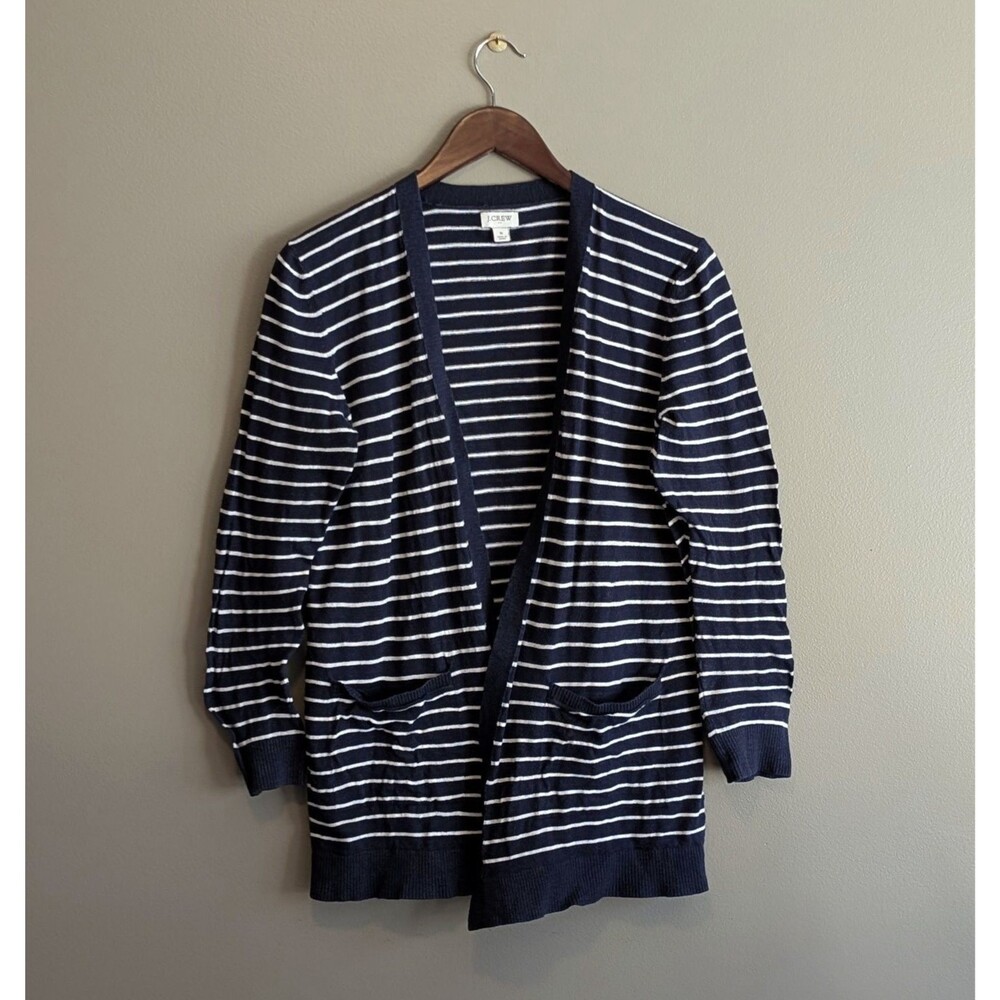 J. Crew Womens Small Cardigan Sweater Blue White Striped Lightweight Cotton Knit